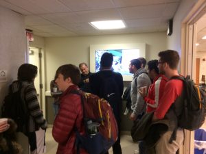 Students in hallway of Physics building